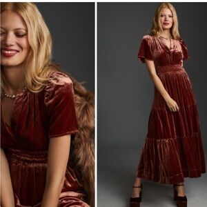 Anthropologie Velvet Maxi Dress in Deep Rust/Raspberry color small petite